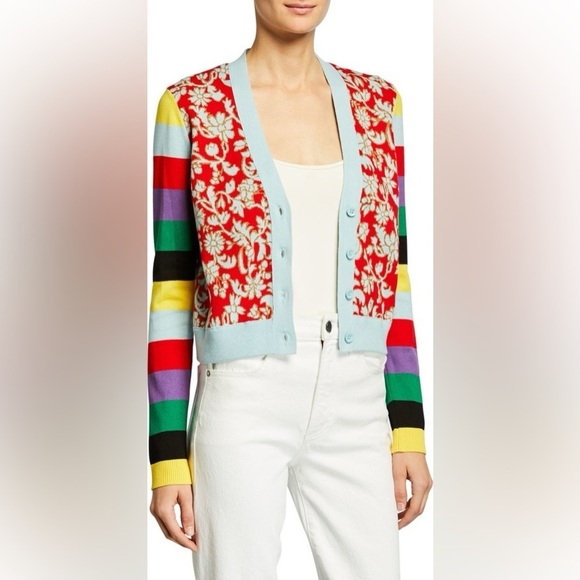 Alice + Olivia Cardigan Minako‎ Multipattern V-Neck Button Front Floral Sweater